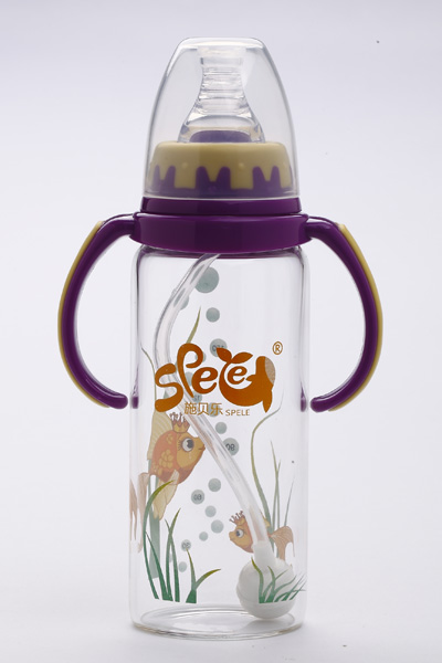 施貝樂(lè)紫色標(biāo)口弧形帶柄玻璃奶瓶180ml