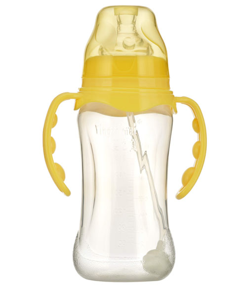 嬰之美寬口雙耳自動弧形PP嬰兒奶瓶300ML黃色