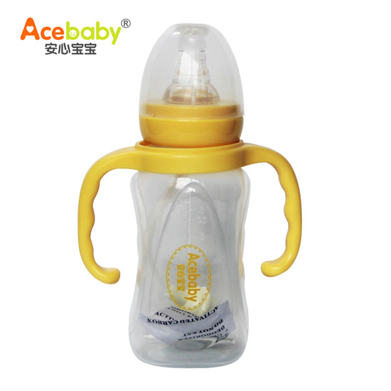安心寶寶150ml標口方圓適指形雙耳自動PP奶瓶黃色手柄