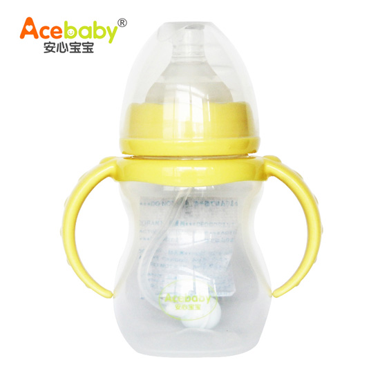 安心寶寶210ml寬口雙耳自動PP奶瓶黃色
