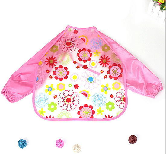 嬰兒EVA免洗吃飯衣圍兜圍嘴長袖粉花