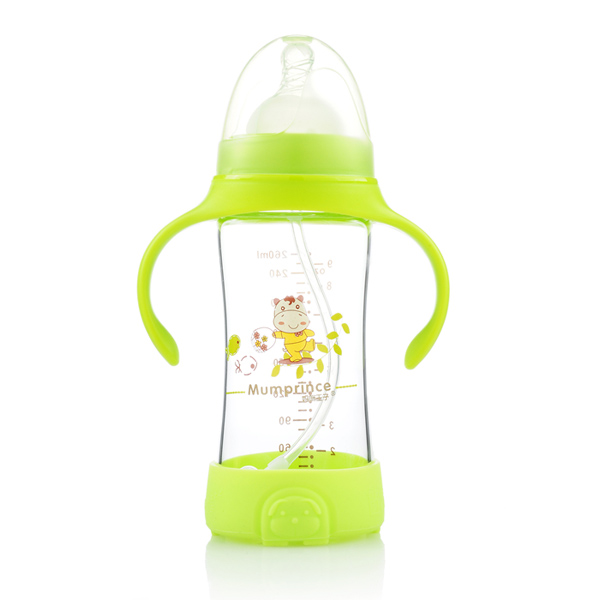 媽咪王子防摔晶鉆玻璃自動吸寬口260ml奶瓶 綠色