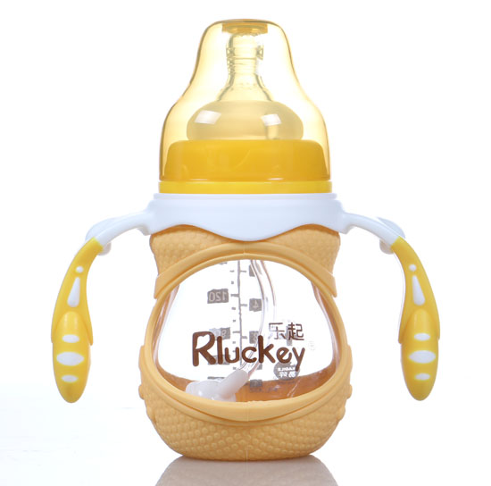 樂(lè)起180ml防摔玻璃奶瓶黃色帶柄