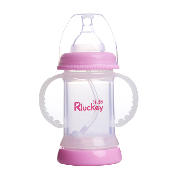 樂(lè)起寬口雙層防爆有耳自動(dòng)晶鉆玻璃底部透氣奶瓶150ml粉色