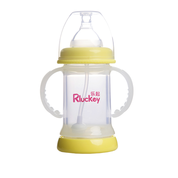 樂(lè)起寬口雙層防爆有耳自動(dòng)晶鉆玻璃底部透氣奶瓶150ml黃色