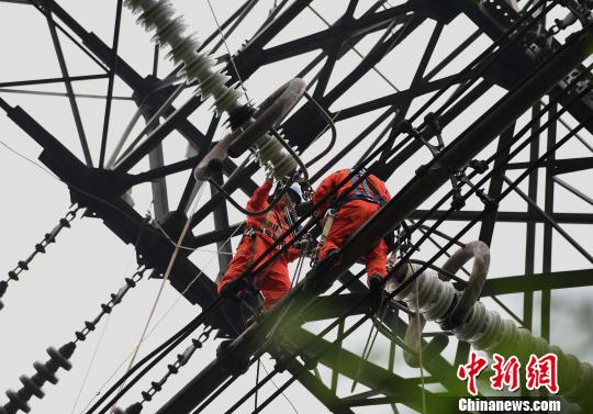 圖為電力工人在70多米高空作業(yè)，為特高壓復(fù)奉線重慶段進行八年來首次大修。　周毅 攝