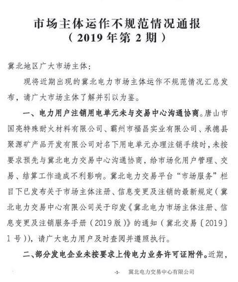 冀北電力市場主體運(yùn)作不規(guī)范情況通報(2019年第2期)